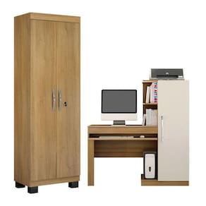 Conjunto Mesa para Computador Escrivaninha com Armário e Armário Multiuso 2 Portas com Chave Asteca Cinamomo/Off White