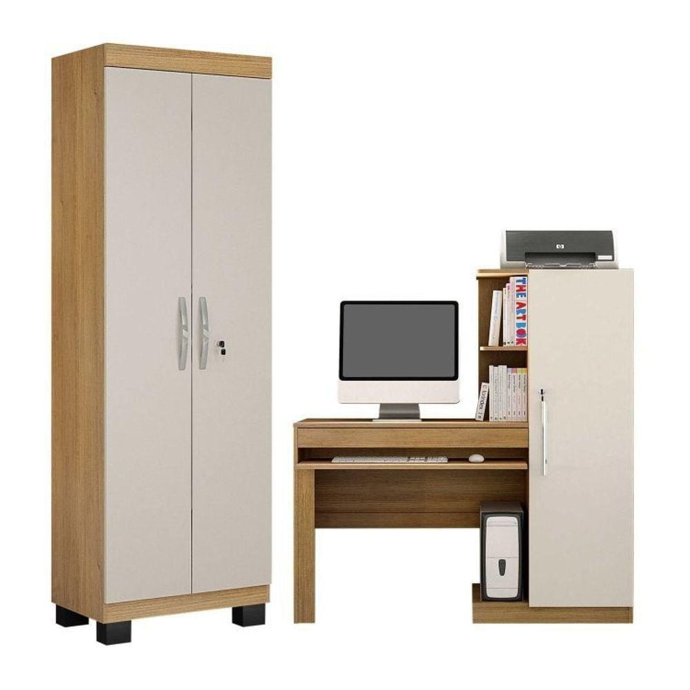 Conjunto Mesa para Computador Escrivaninha com Armário e Armário Multiuso 2 Portas com Chave Asteca Cinamomo/Off White