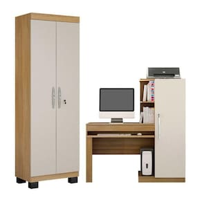 Conjunto Mesa para Computador Escrivaninha com Armário e Armário Multiuso 2 Portas com Chave Asteca Cinamomo/Off White