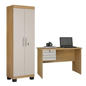 Conjunto Mesa para Computador 2 Gavetas Byte e Armário Multiuso 2 Portas com Chave Asteca Cinamomo/Off White