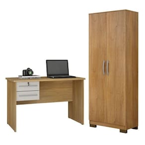 Conjunto Mesa para Computador 2 Gavetas Byte e Armário Multiuso 2 Portas Natal Cinamomo/Off White