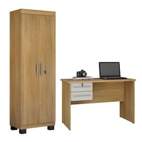 Conjunto Mesa para Computador 2 Gavetas Byte e Armário Multiuso 2 Portas com Chave Asteca Cinamomo/Off White