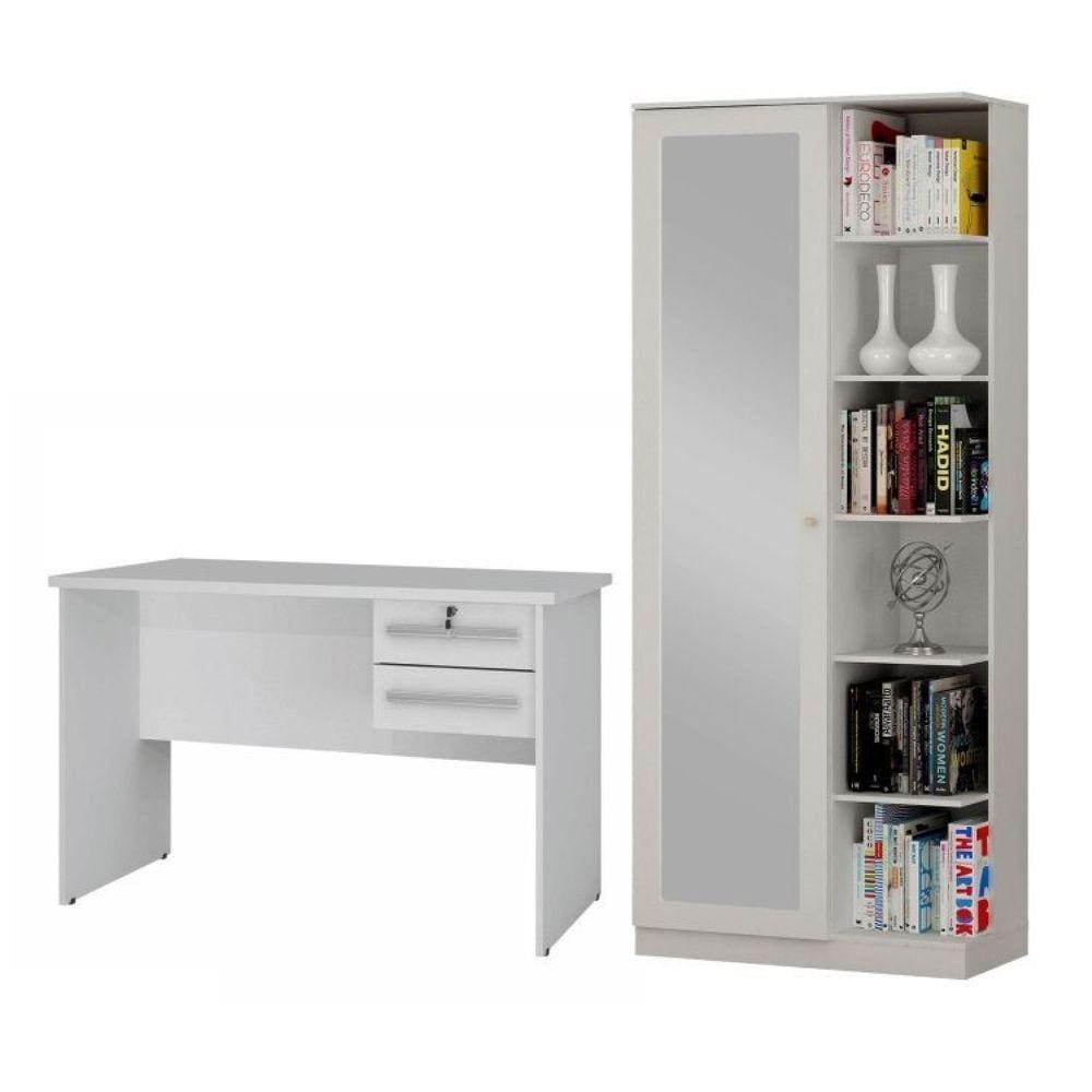 Conjunto Escrivaninha 2 Gavetas Byte e Armário Multiuso 1 Porta com Espelho João Pessoa Branco Fosco