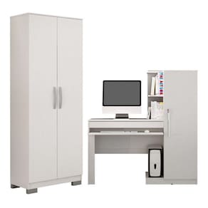 Conjunto Mesa para Computador Escrivaninha com Armário e Armário Multiuso 2 Portas Natal Branca Fosco