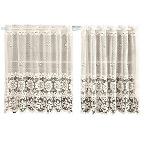 Cortina Pia Renda Cozinha Bege Lisa Floral 1,60X0,80 Alt