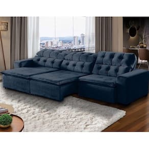 Sofá Retrátil Reclinável 7Lugares 350cm Veludo Azul Megasul