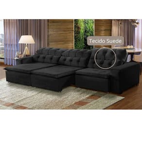 Sofá Retrátil Reclinável 8 Lugares 380cm Suede Preto Megasul