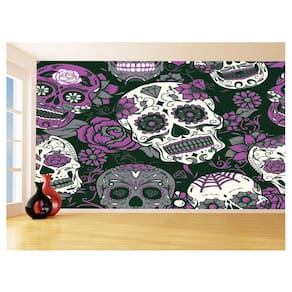 Papel De Parede 3D Arte Caveiras Mexicanas Flor 3,5M Tra90