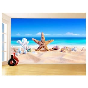 Papel De Parede 3D Praia Areia Estrelas Mar Céu 3,5M Npr336