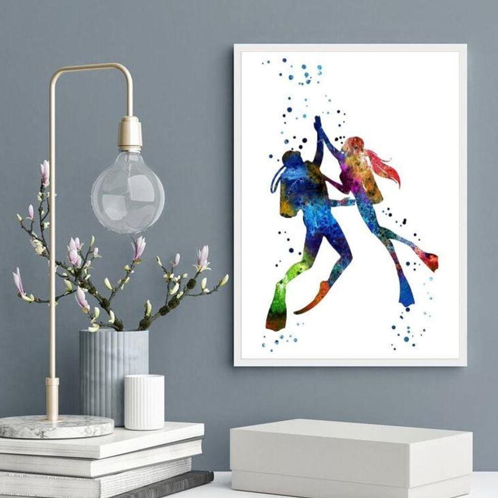 Quadro Aquarela Casal De Mergulhadores 33X24Cm