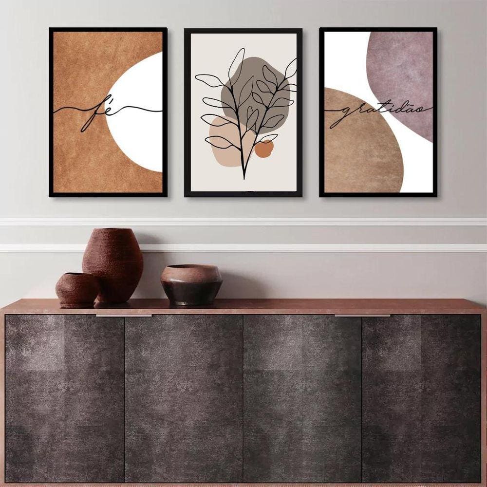 Kit 3 Quadros Fé E Gratidão Boho 45X34Cm - Com Vidro