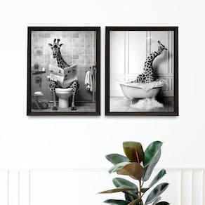 Kit 2 Quadros Decoração Banheiro - Girafas 45X34Cm - Vidro