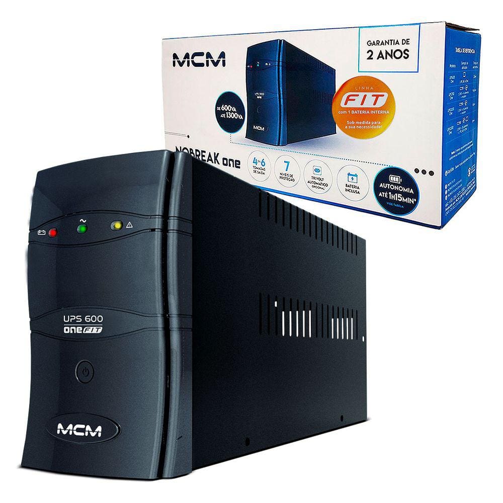 Nobreak MCM 600VA, UPS 600 ONE FIT, Monovolt 220V, Saída 220V, 4 Tomadas, 1x Bat. 12V/5Ah - UPS0264