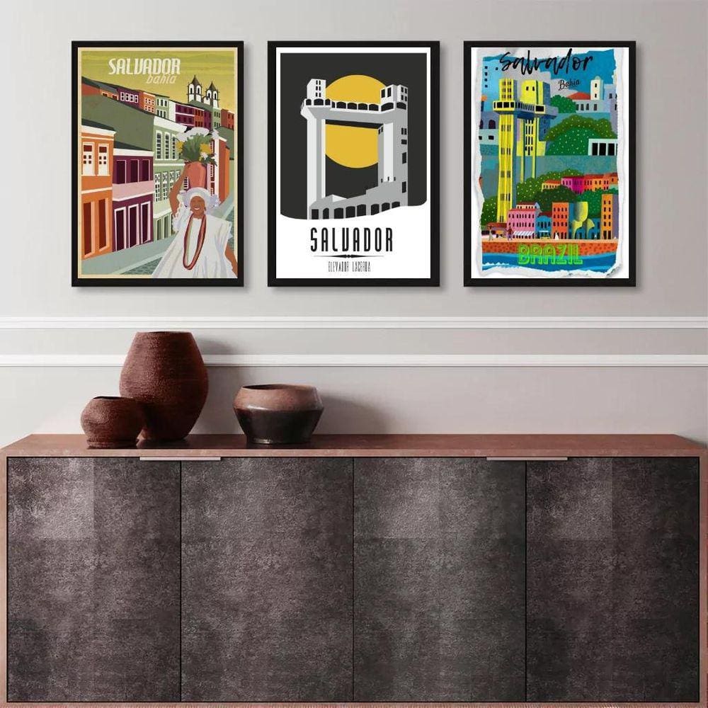 Kit 3 Quadros Posters Salvador Bahia 24X18Cm - Com Vidro