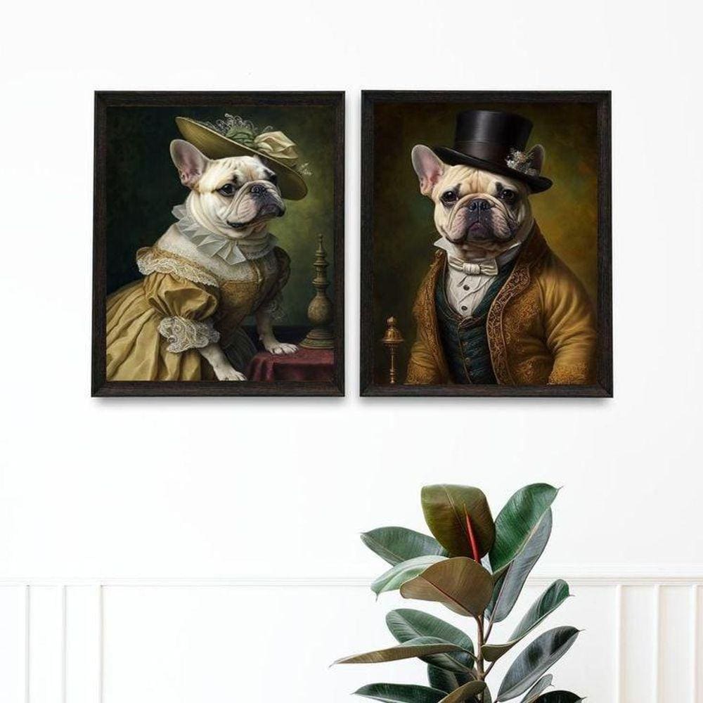 Kit 2 Quadros Vintage Bulldogs Franceses 45X34Cm - Com Vidro