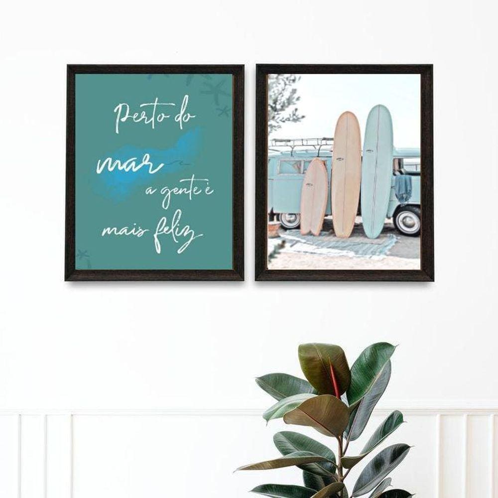 Kit 2 Quadros Praia Mar Felicidade - Surf 24X18Cm - Vidro