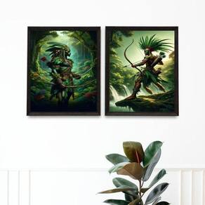 Kit 2 Quadros Candomblé - Oxossi Guerreiro 33X24Cm - Vidro