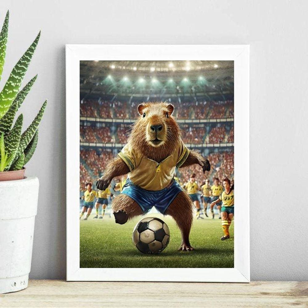 Quadro Capivara Jogando Futebol 45X34Cm - Com Vidro