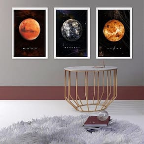 Kit 3 Quadros Decorativos Planetas 45X34Cm - Com Vidro