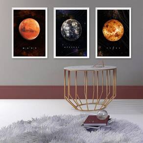 Kit 3 Quadros Decorativos Planetas 24X18Cm - Com Vidro