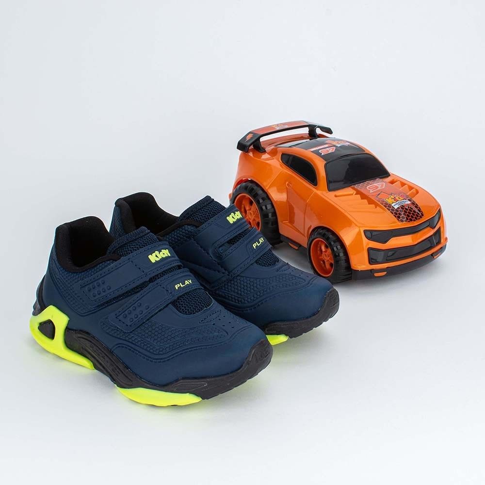 Tênis Infantil Kidy Play Carrinho Azul Marinho Detalhes Neon