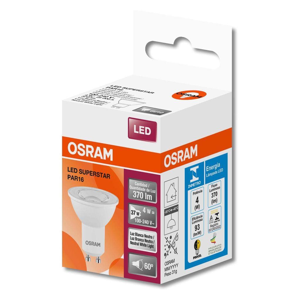 Lampada Led Dicroica Par16 4W 4000K 370Lm Biv Gu10 Osram