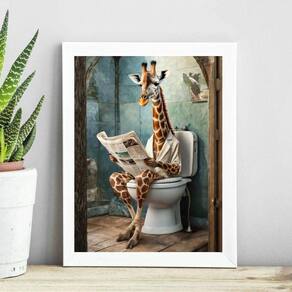 Quadro Banheiro Girafa Lendo Jornal No Vaso 24X18Cm