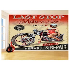 Papel De Parede 3D Moto Retrô Arte Pinup Custom 3,5M Bkm133