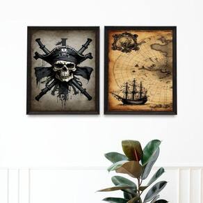 Kit 2 Quadros Decorativos Mapa Pirata 24X18Cm - Com Vidro