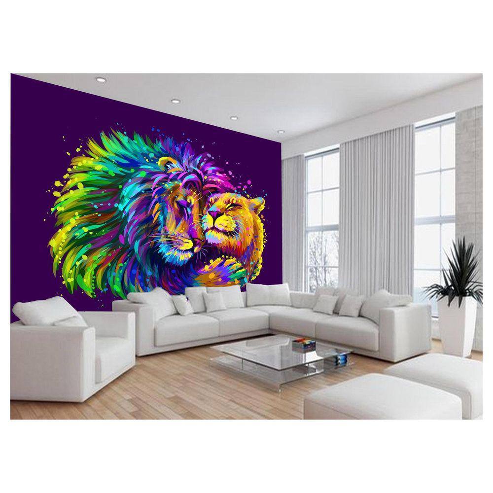 Papel De Parede 3D Animais Leão Família Casal 3,5M Anm516