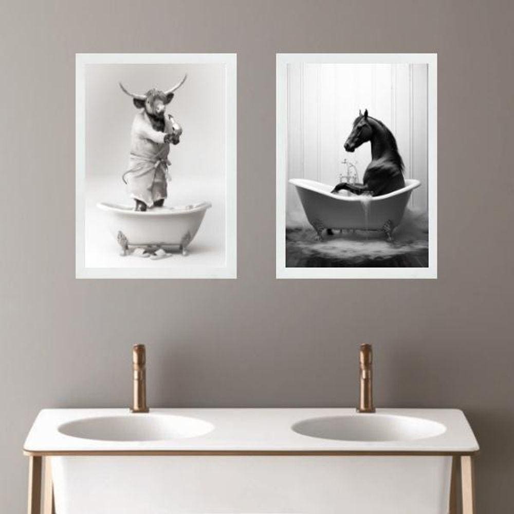 Kit 2 Quadros Decorar Banheiro - Boi E Cavalo 33X24Cm Vidro