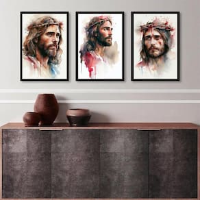 Kit 3 Quadros Aquarelas Face De Jesus 45X34Cm - Com Vidro