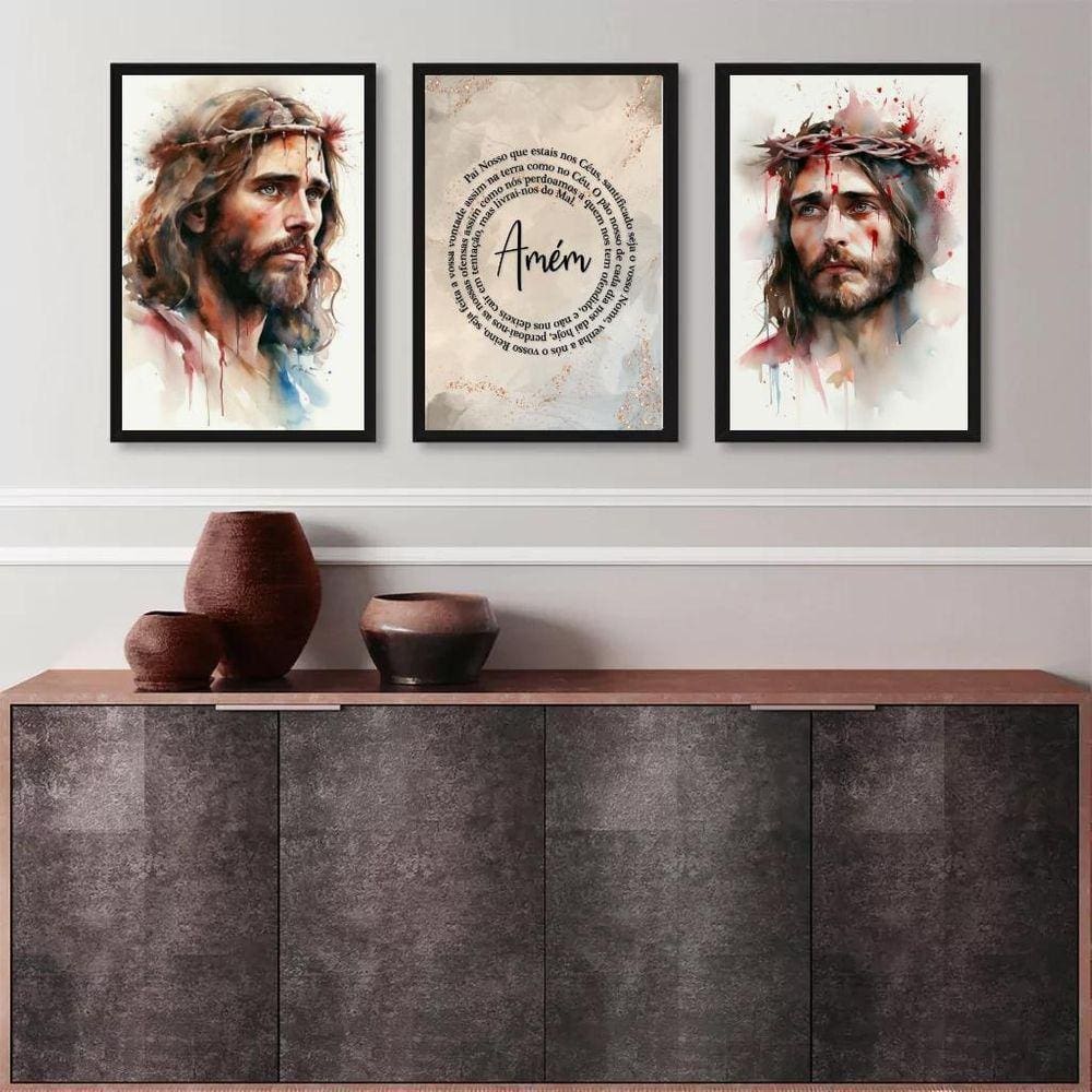 Kit 3 Quadros Aquarelas Face Jesus - Pai Nosso 33X24Cm Vidro