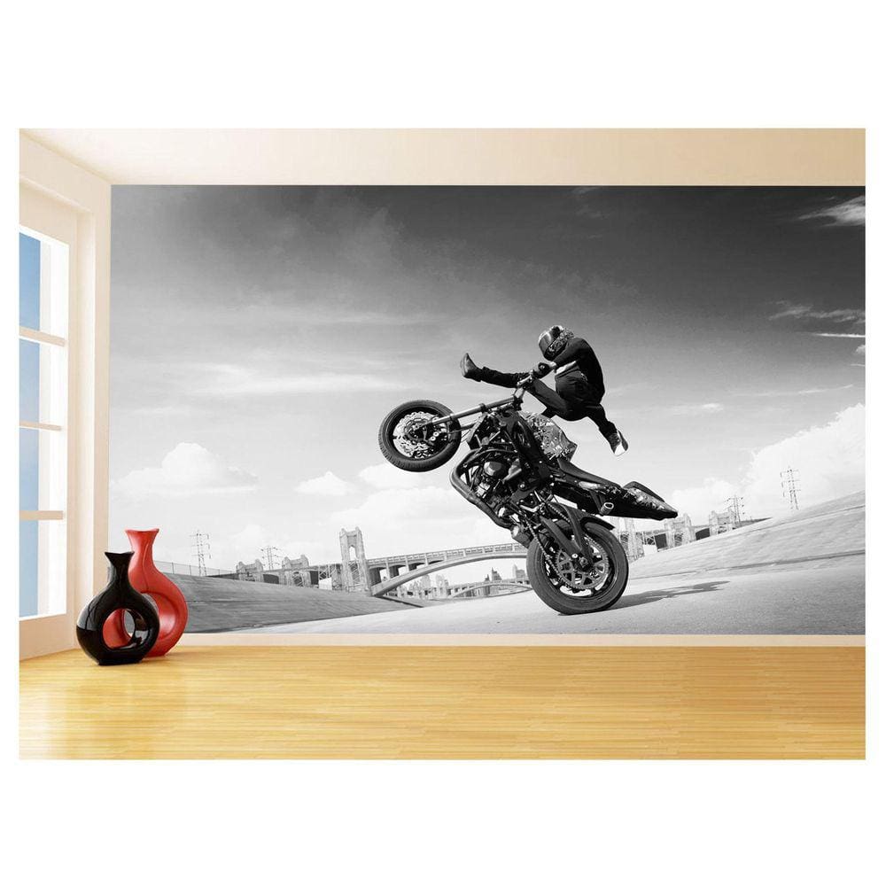 Papel De Parede 3D Moto Grau Empinando Manobra 3,5M Bkm38