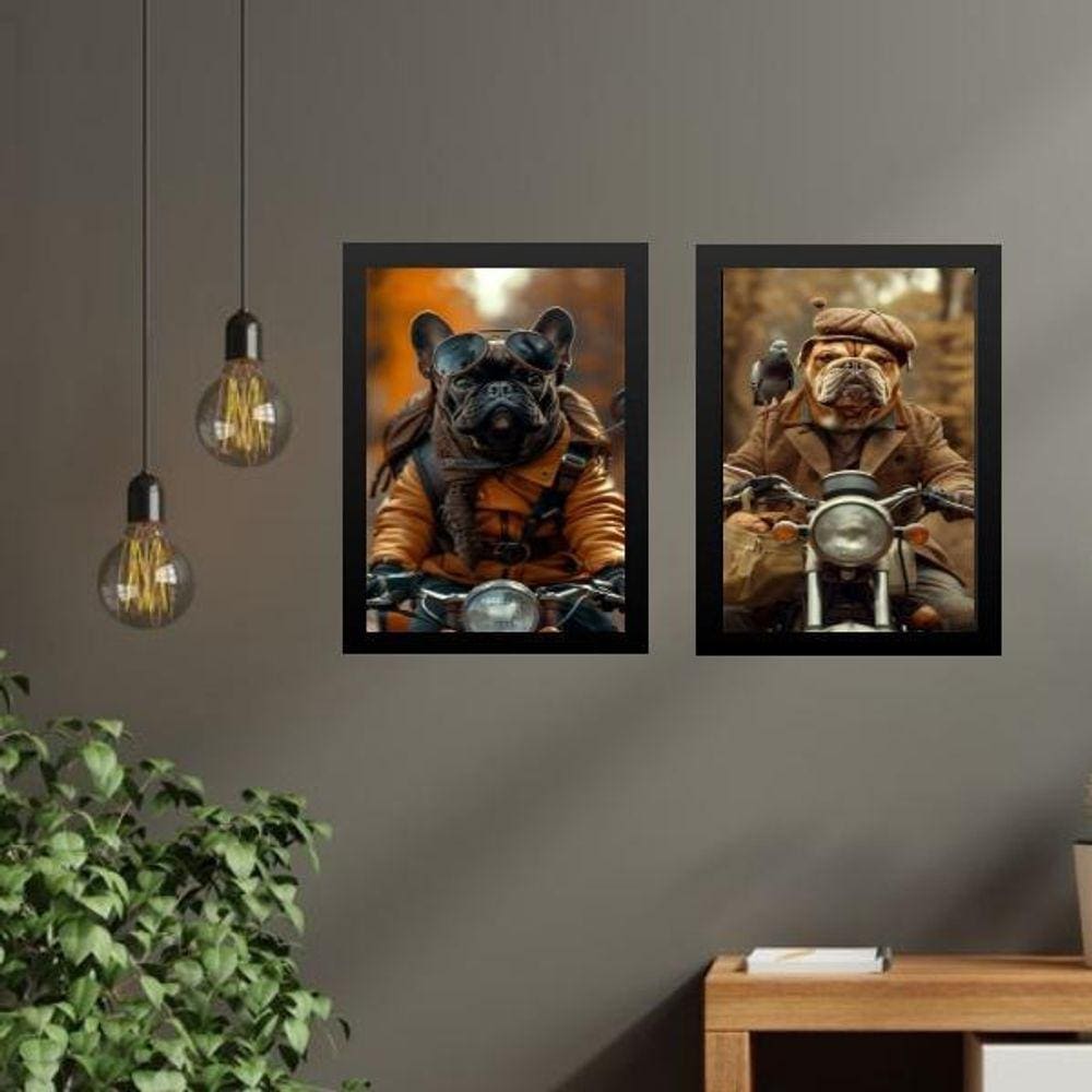 Kit 2 Quadros Cães Motociclistas 24X18Cm