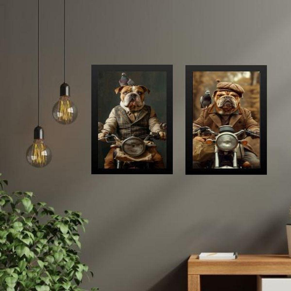 Kit 2 Quadros Motociclistas - Cães 24X18Cm - Com Vidro
