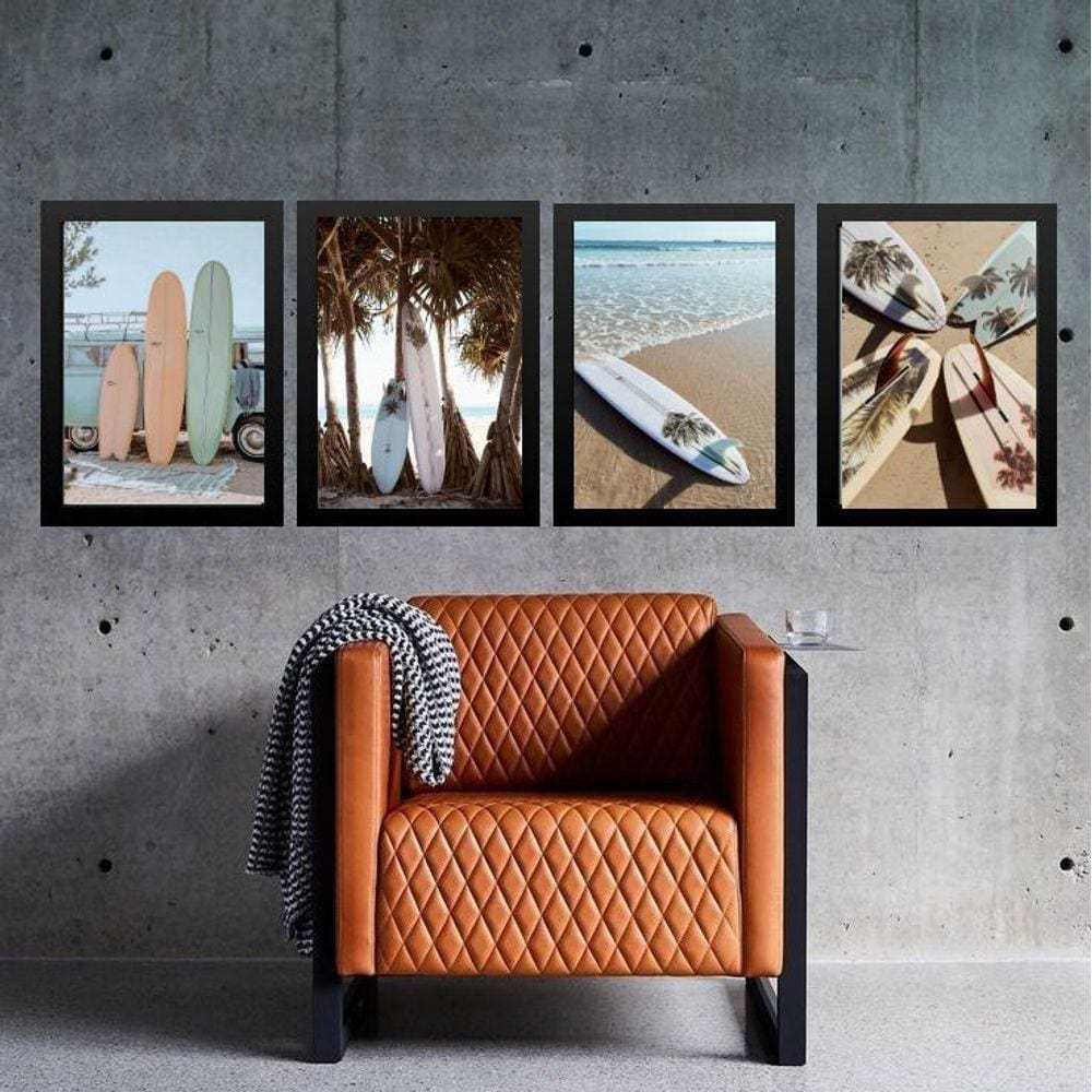 Kit 4 Quadros Coleção Praia Surf - Pranchas 24X18Cm - Vidro