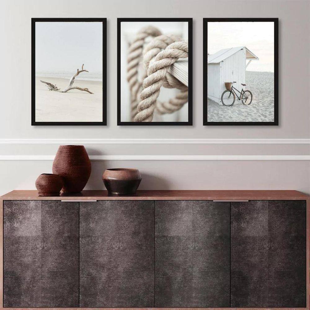 Kit 3 Quadros Coleção Praia Branco E Bege 33X24Cm - Com Vidro