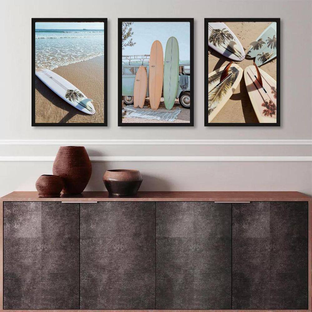 Kit 3 Quadros Coleção Praia Surf - Pranchas 33X24Cm - Com Vidro