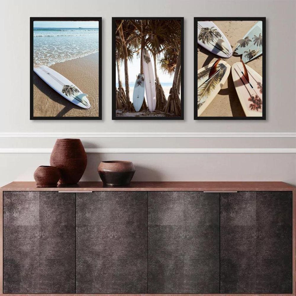 Kit 3 Quadros Coleção Praia - Pranchas Surf 33X24Cm - Com Vidro