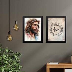 Kit 2 Quadros Jesus Aquarela - Pai Nosso 24X18Cm