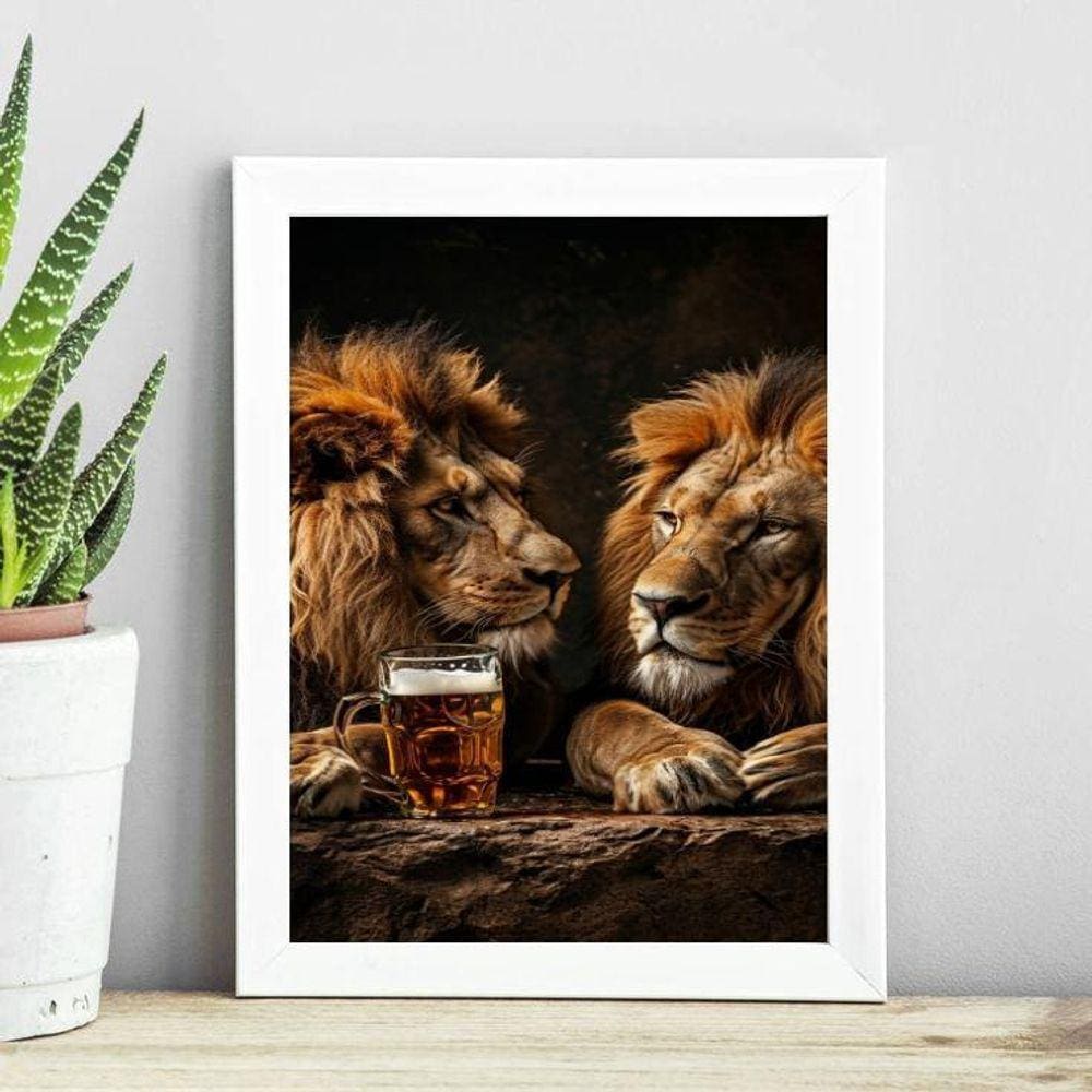 Quadro Leões Tomando Cerveja 33X24Cm - Com Vidro