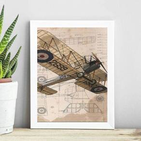 Quadro Esboço Avião Vintage 33X24Cm - Com Vidro