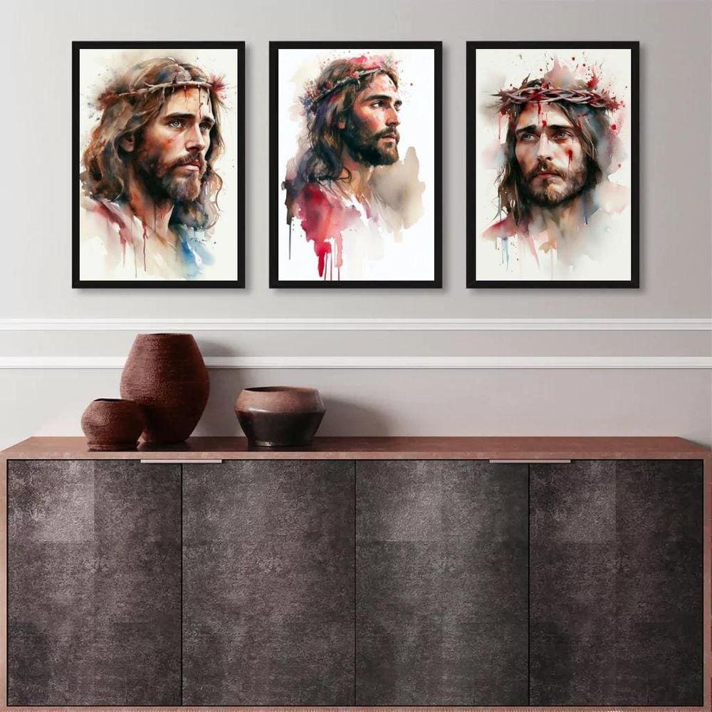 Kit 3 Quadros Aquarelas Face De Jesus 33X24Cm - Com Vidro