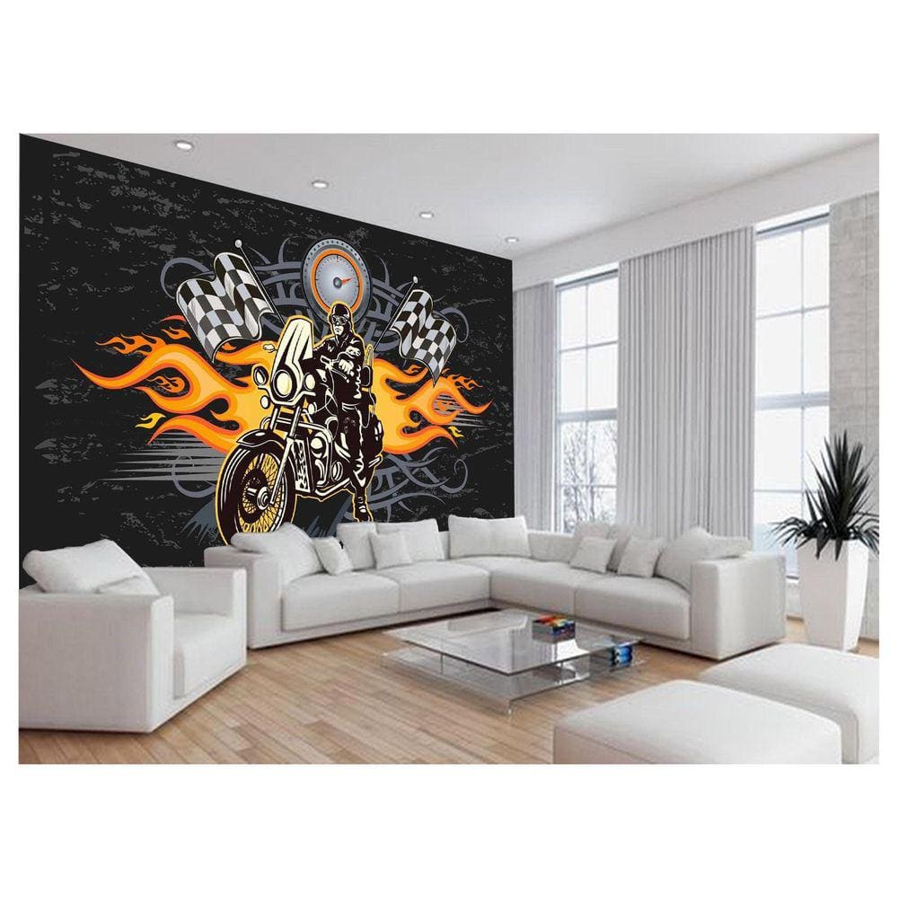 Papel De Parede Moto Bike Desenho Fogo Chamas 3,5M Bkm108