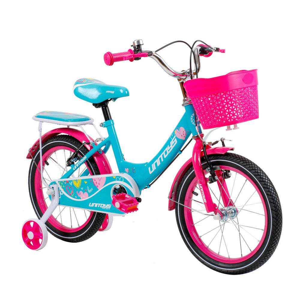 Bicicleta Infantil com rodinhas aro 16 cestinho e garupa de Menina Love Rosa com Azul Tiffany