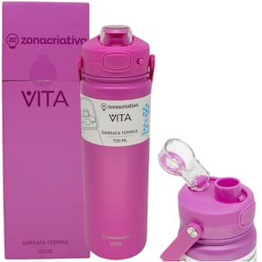 Garrafa Vita Quartzo Térmica 12 Horas Quente Gelada Grande Rosa 700ml Com Alça Trava Segurança