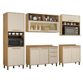 Cozinha Completa com 2 Armários Aéreo, 2 Balcões e 1 Paneleiro Salvador Cinamomo/Off White