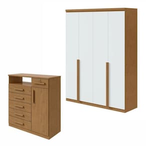 Conjunto de Guarda-Roupa Alonzo e Cômoda Da Vinci com Nicho Amêndoa Clean/Branco