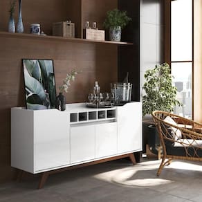 Buffet Aparador 4 Portas Com Adega Pés Em Madeira Maciça Luxo 152cm
